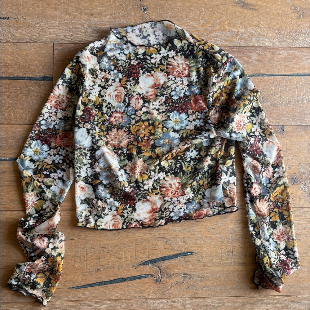 SHEIN Multicolor Sheer Cropped Floral Long Sleeve Blouse
